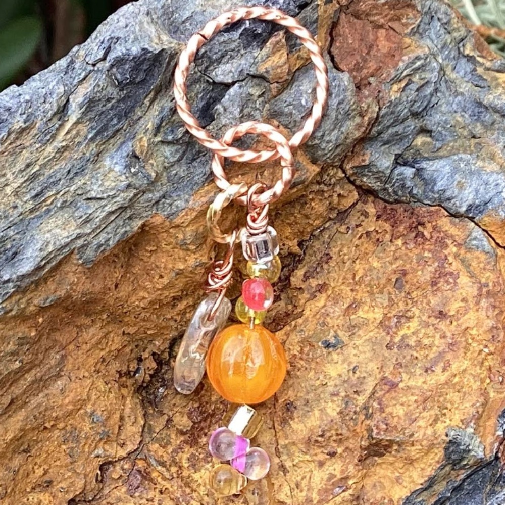 Rose and Yellow Gold Charm Pendant with Czech Glass Beads, NWT, Handmade.